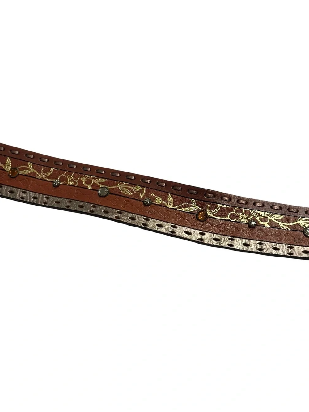 Vintage Fossil Ornate Jeweled Embroidered Brown Leather Belt y2k Medium